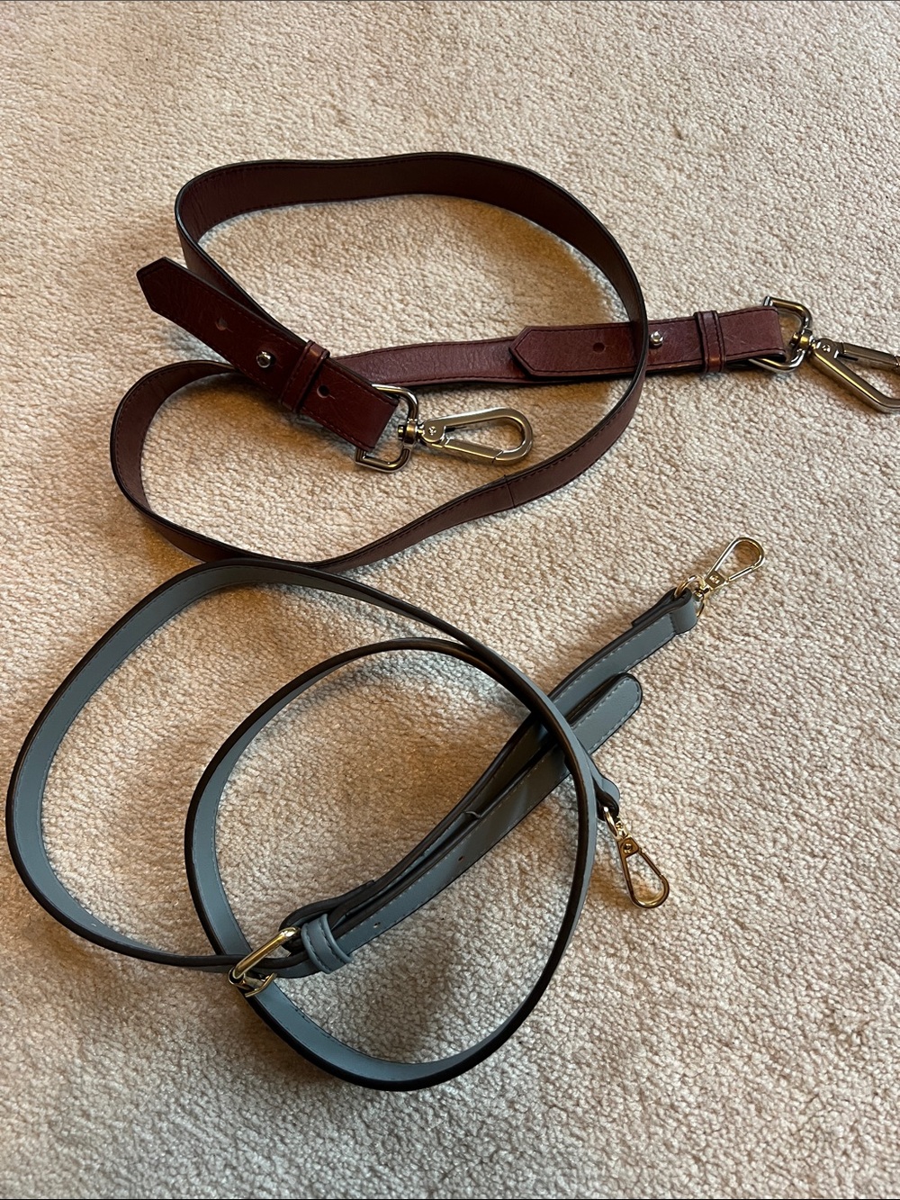 Adjustable Leather Bag Straps - Burgundy/Plum and Slate Light Blue.